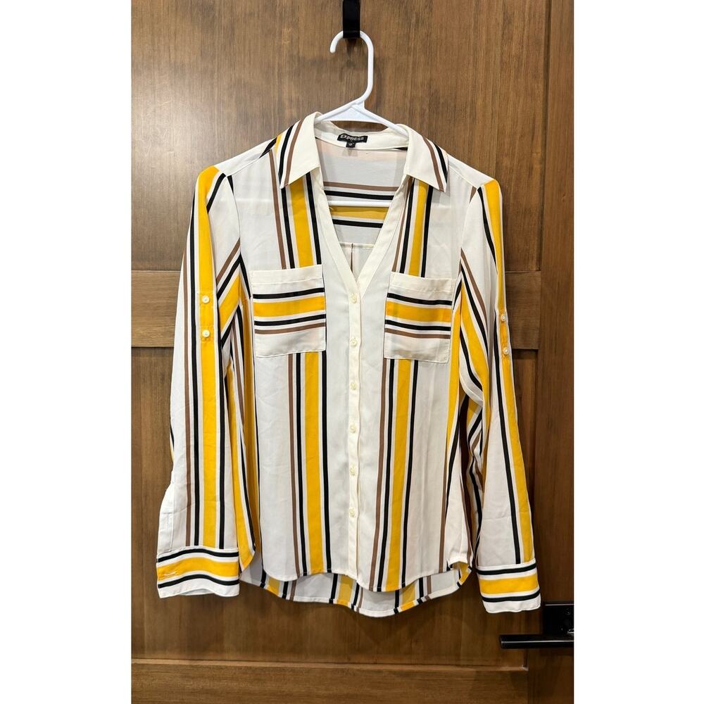 Express The Portofino Shirt Womens XS Yellow White Striped Long Roll Sleeve